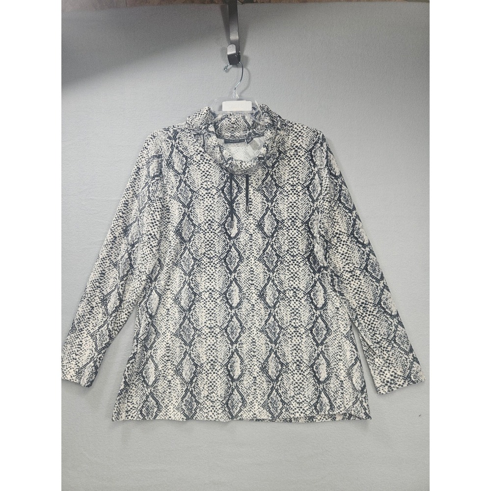 Susan Graver Weekend Snakeskin Cowl Neck Top Grey White Petite Medium A383155